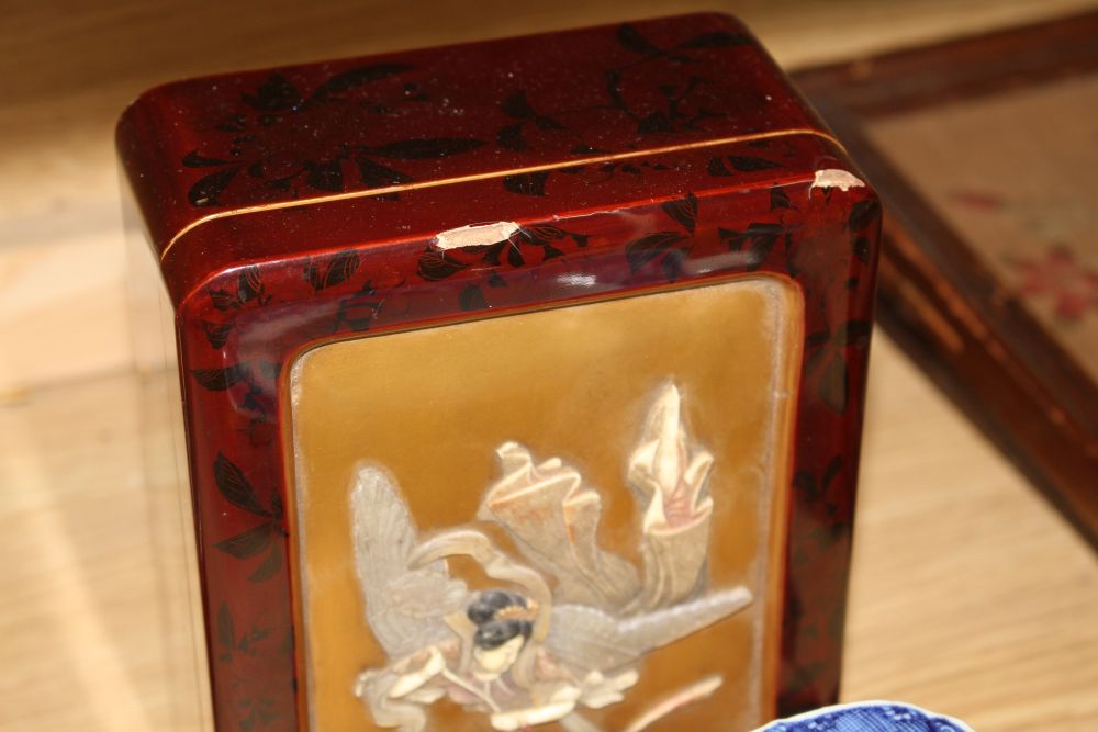 A Chinese blue and white jug, Japanese lacquer box and mixed Japanese ceramics